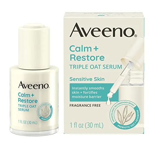 Aveeno Calm   Restore Triple Oat Hydrating Face Serum for Sensitive Skin, Gentle and Lightweight Facial Serum to Smooth and Fortify Skin, Hypoallergenic, Fragrance- and Paraben-Free, 1 fl. Oz