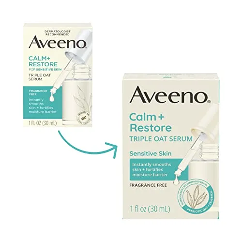 Aveeno Calm   Restore Triple Oat Hydrating Face Serum for Sensitive Skin, Gentle and Lightweight Facial Serum to Smooth and Fortify Skin, Hypoallergenic, Fragrance- and Paraben-Free, 1 fl. Oz