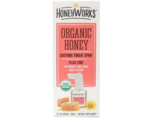 HoneyWorks Organic Honey Throat Spray with Zinc for Sore Throat Relief 1 Oz